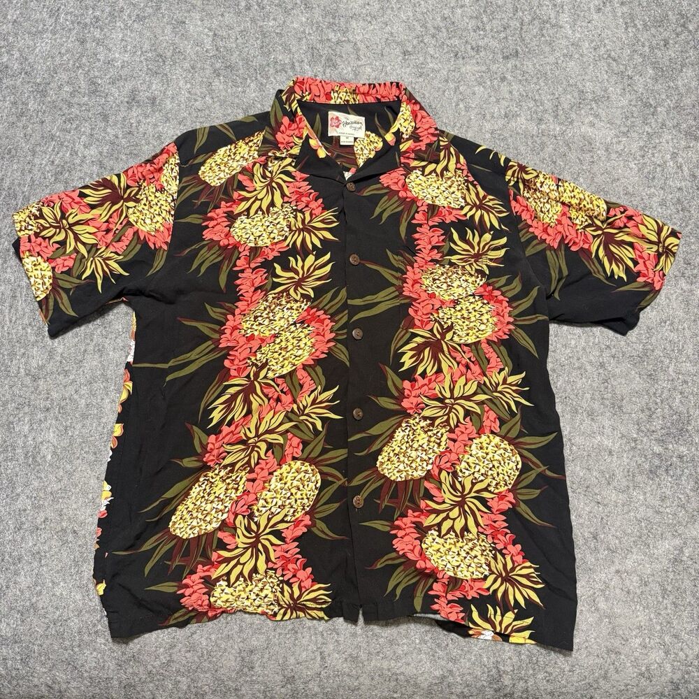 Vintage Hilo Hattie Hawaiian Shirt Mens M Black Rayon Pineapple Hibiscus Lei